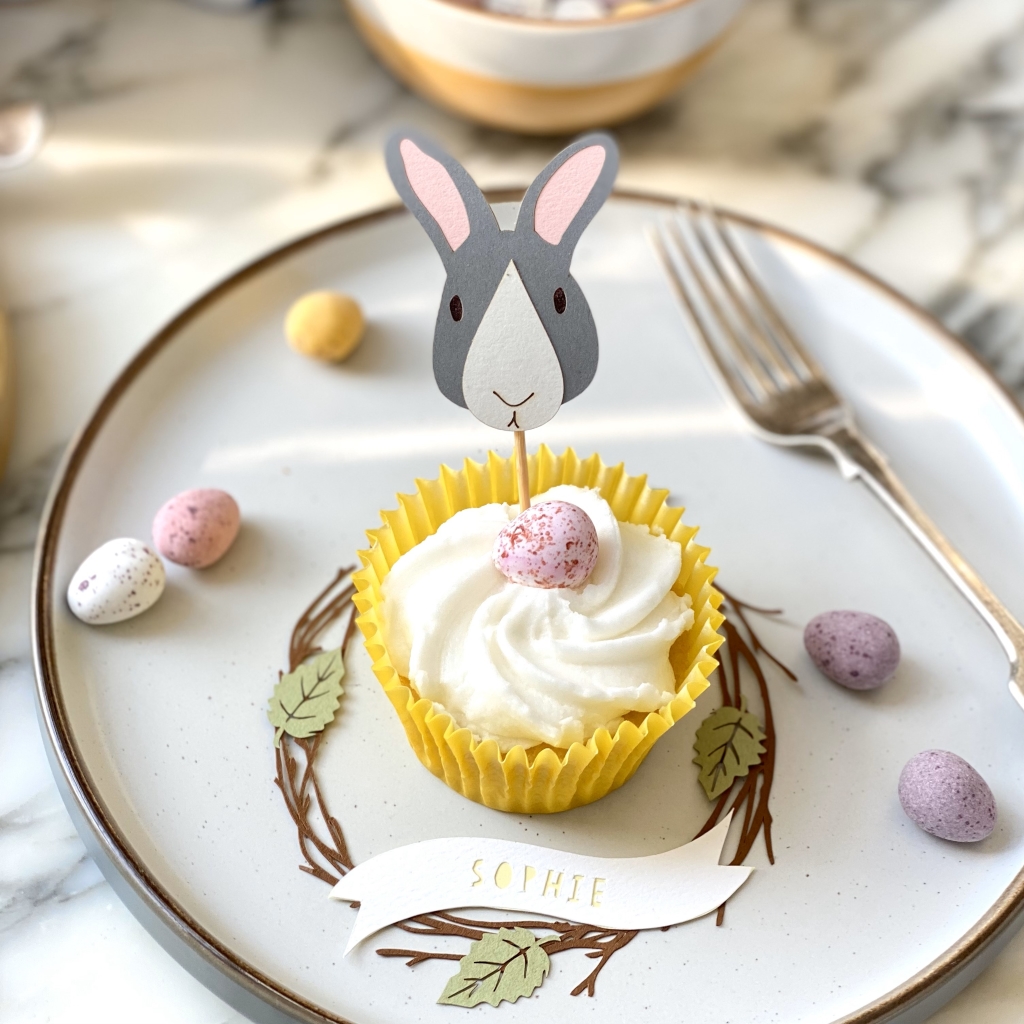 Dark grey and white Easter Bunny cupcake topper inserted into iced cupcake. Cupcake is placed in the centre of a personalised paper birch wreath decoration displaying the name Sophie. Both cupcake and birch wreath are sitting on a white plate.