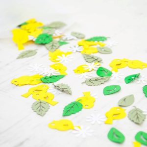 Spring Table Confetti spilling out of glassine bag onto table. Confetti features little yellow paper chicks, white paper daisies and two leaf designs in pale and bright green