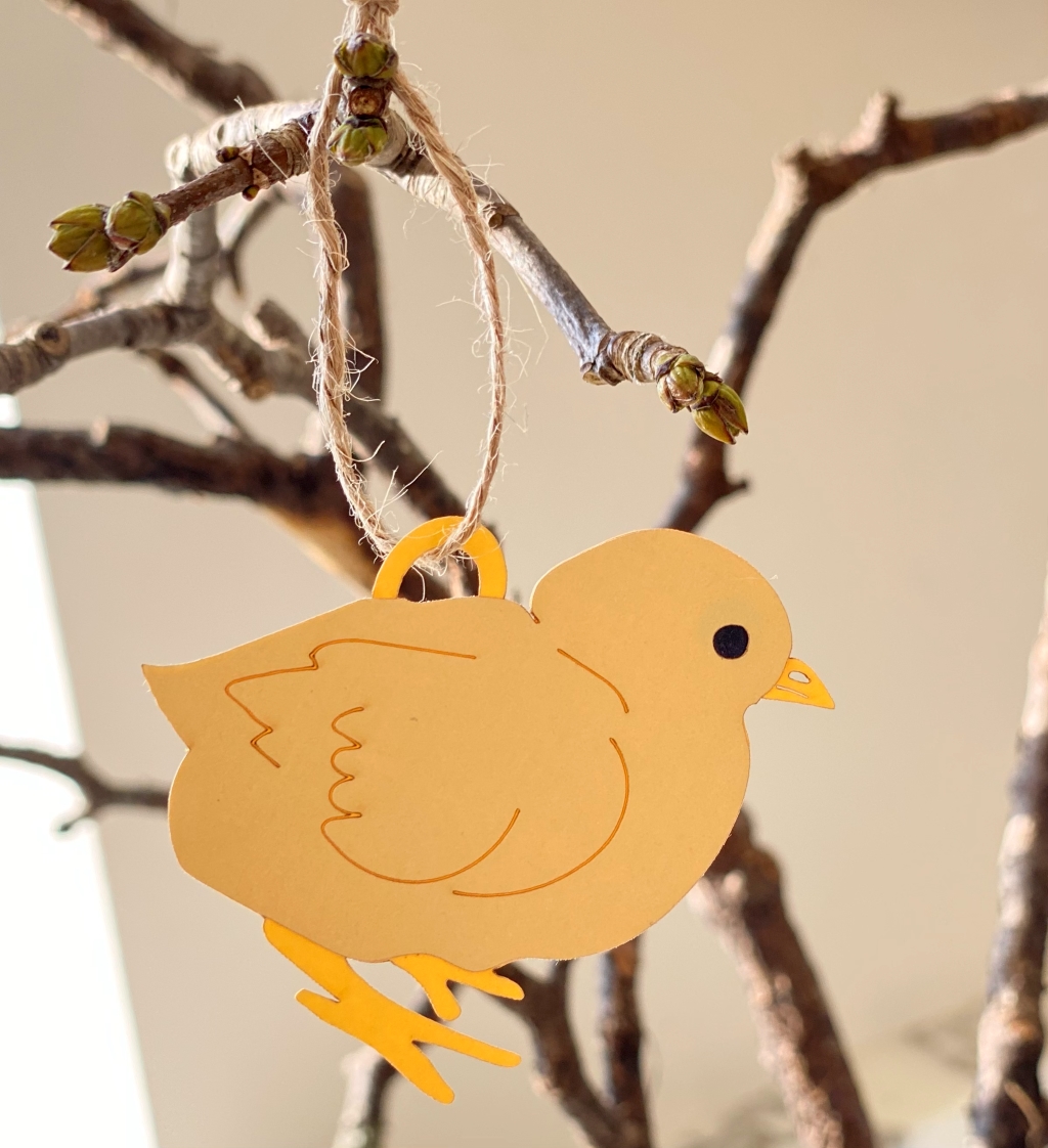 Easter Chick Hanging Decoration Design One hung from Easter Tree bare branches.