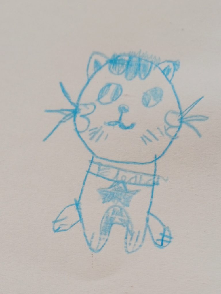 Child's crawing of a cat, drawn with blue crayon on white paper. Cat