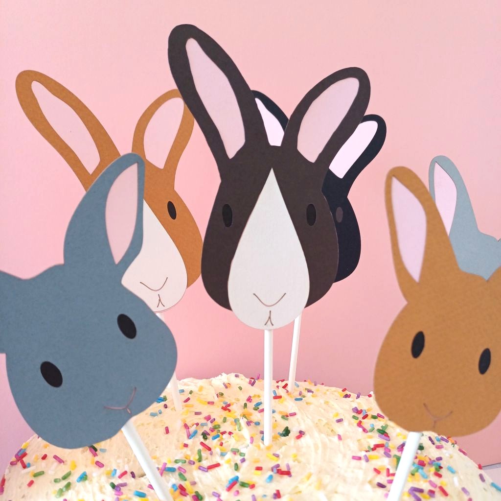 Closeup view of dark brown and white bunny face. Bunny has a dark brown oval face with tear drop shaped white nose patch. Bunny has pale pink ears and small black eyes.Line details for mouth and nose.